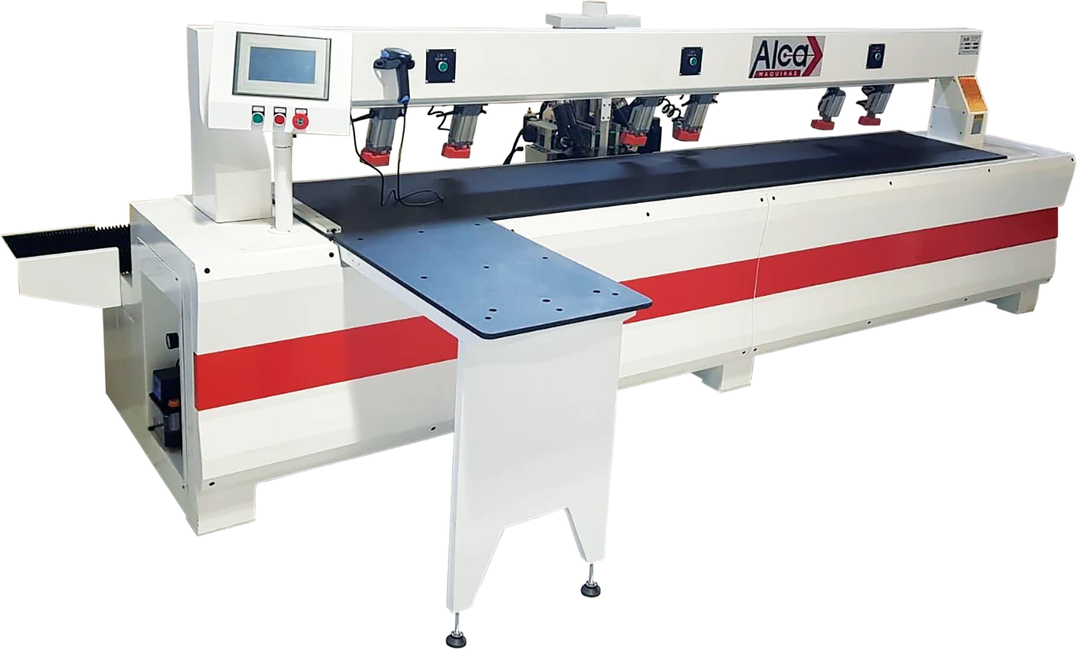Furadeira CNC lateral AL-FLCNC-2500 fazendo furos de topo em painel, alternativa ao gabarito manual na marcenaria